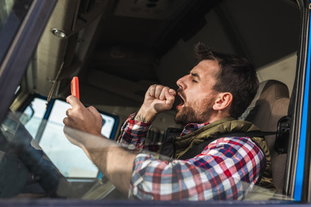 A tired truck driver takes a break from driving and rests in his truck. Using his phone.の写真素材