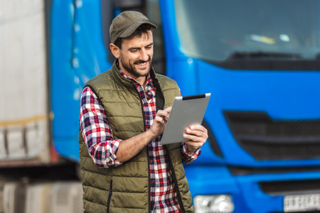 Happy confident male driver standing in front on his truck, using his tablet.の写真素材