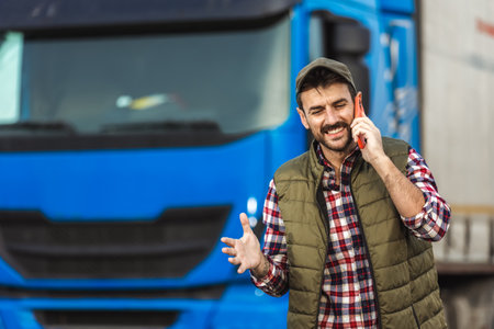 Happy confident male driver standing in front on his truck, using his phone.の写真素材