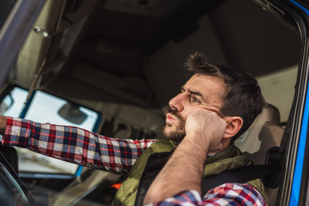 A tired truck driver takes a break from driving and rests in his truck.の写真素材
