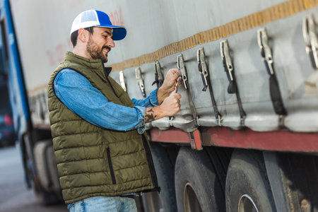 Young handsome truck driver checking if everything is good with his truck.の写真素材