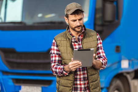 Happy confident male driver standing in front on his truck, using his tablet.の写真素材