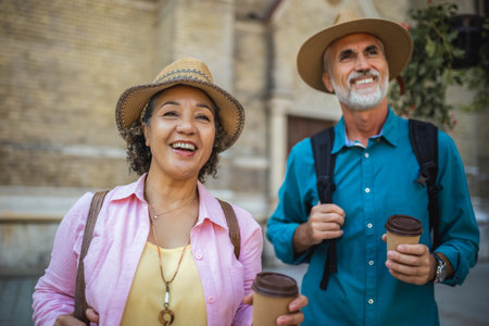 Elderly married couple drinking coffee in the city center. Tourists exploring the city.の写真素材