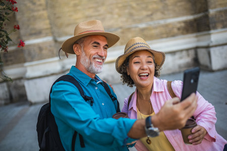 Elderly married couple taking a selfie while on a coffee break. Tourists exploring the new city.の写真素材