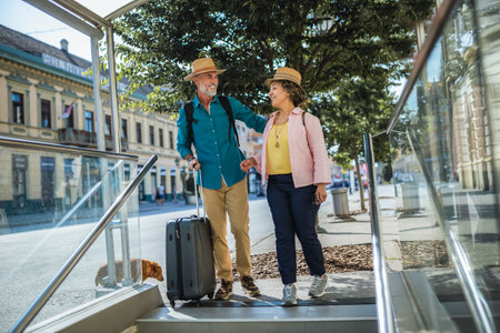 Senior married couple walking down the stairs, entering metro with luggage.の写真素材