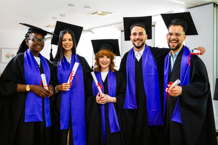 Happy multiracial group of students dressed in togas standing and holding their diplomas.の写真素材