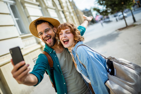 Young couple on a vacation taking selfies in the city center. Travelling and exploring concept.の写真素材