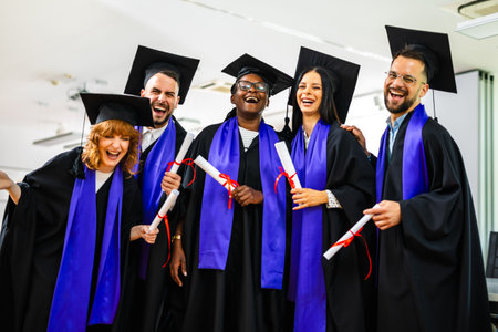 Happy multiracial group of students dressed in togas standing and holding their diplomas.の写真素材