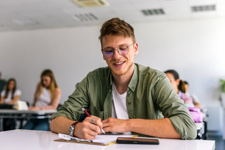 Portrait of male student in class writing and learning.の写真素材