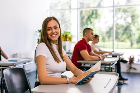 Portrait of female student reading a book in class.の写真素材