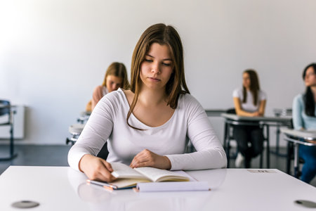 Focused young woman taking notes from books for her study. College student sitting at desk and studyingの写真素材