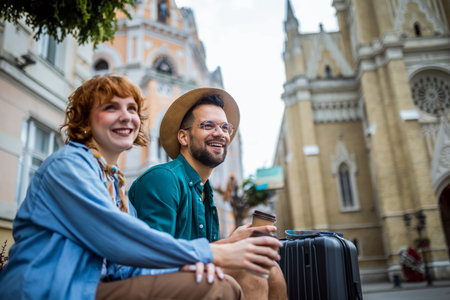 Ginger girlfriend and her boyfriend sitting in the city center and drink coffee. They are on vacation and have their luggages and backpacks with them.の写真素材