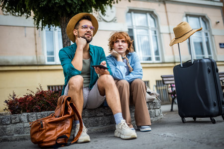 Tired couple sat in the city center. Looking for map because they are lost in the city they are exploring. They have luggage and backpacks.の写真素材
