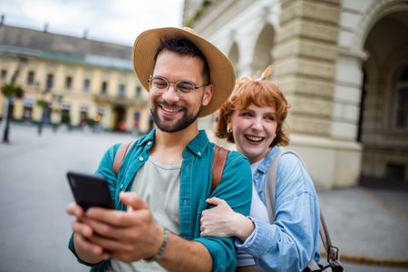 Young couple, on a vacation, exploring the new city and using their phone as gps to help them not get lost.の写真素材