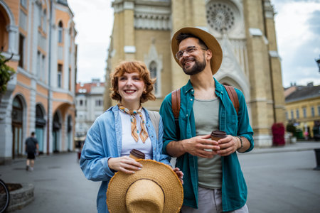 Young couple walking through the new city on their vacation. They are drinking coffee and looking at monuments and buildings.の写真素材