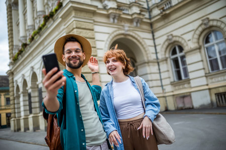 Young couple, on a vacation, exploring the new city and using their phone as gps to help them not get lost.の写真素材