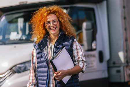 Ginger woman truck driver standing in front of her truck with a paper and write something. Transport industry theme.の写真素材