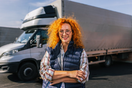 Portrait of ginger woman truck driver standing in front of her long vehicle.の写真素材