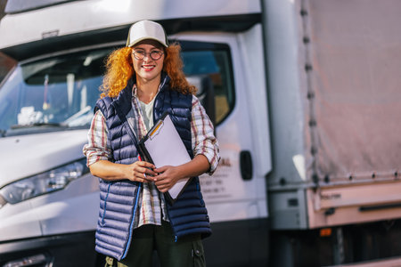 Ginger woman truck driver standing in front of her truck with a paper and write something. Transport industry theme.の写真素材