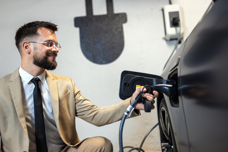 Young businessman at the charging station holding a plug to charge his electric car. Eco electric...