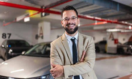 Portrait of young businessman standing next to his car in an underground garageの写真素材