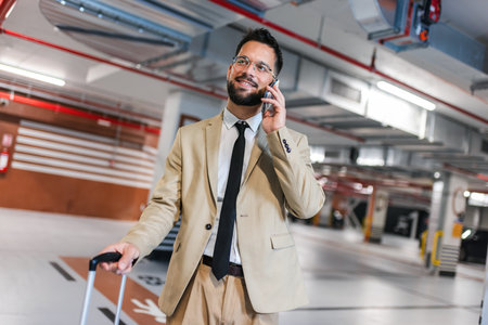 Modern business man walking through parking lot with luggage. Going for a business trip. Using his phone.の写真素材