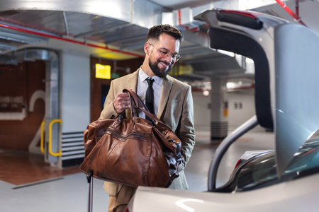 Businessman packing his luggage in car trunk. Getting ready for business trip in an underground garage.の写真素材