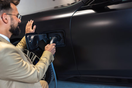 Young businessman at the charging station holding a plug to charge his electric car. Eco electric car conceptの写真素材
