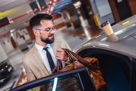 Businessman packing his luggage in car. Getting ready for business trip in an underground garage.の写真素材