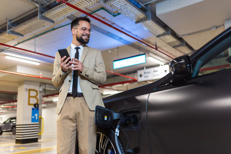 Young businessman using his phone at the charging station while his electric car is charging. Eco electric car conceptの写真素材