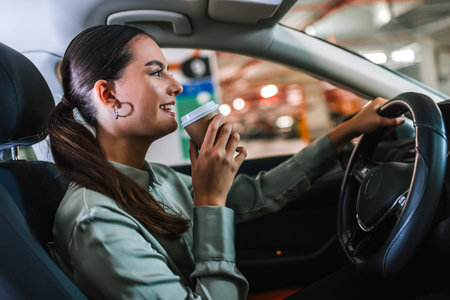 Young woman searching for parking spot in underground garage. Driving around in her car and drinking...