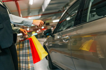 Young woman with shopping bags unlocking her car with keys in underground garage.の写真素材