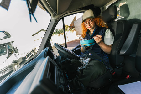 Ginger woman truck driver taking a break from long drive to eat some food from container.