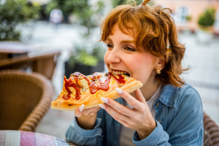 Young ginger girl biting slice of delicious looking pizza.の写真素材