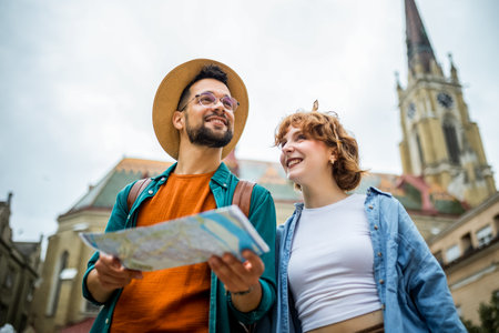 Young couple using a map to explore the new city on their vacation.