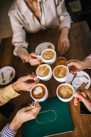 Top view of group of people drinking coffee.の写真素材