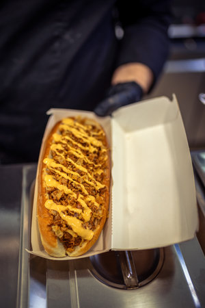 Pulled pork sandwich with mustard made in restaurant.の写真素材