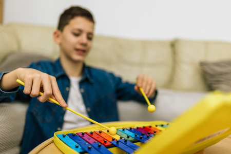 Boy plays metallophone at home.の写真素材