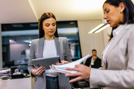 Two businesswoman working together in the office on their tablet.の写真素材