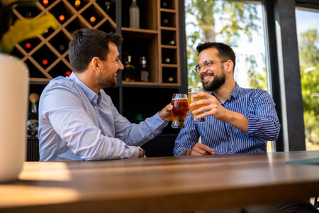 Two male friends hanging out at the restaurant and drinking beer.の写真素材