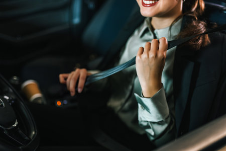 Young businesswoman putting a seatbelt on. Ready to drive off from her parking spot in an underground garage.の写真素材