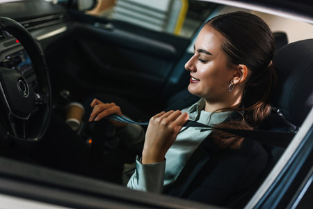 Young businesswoman putting a seatbelt on. Ready to drive off from her parking spot in an underground garage.の写真素材