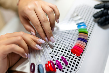 Client chooses nail color for her gel polish. Professional manicure helps her.の写真素材