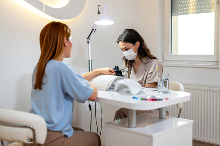 Professional  manicurer using electric machine in beauty salon. Woman in the beauty salon getting her nails done.の写真素材