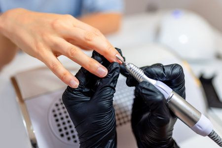 Professional  manicurer using electric machine in beauty salon. Woman in the beauty salon getting her nails done.の写真素材