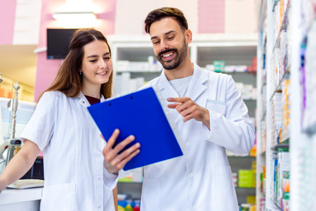 Shot of two pharmacists working together in a drugstore. They are doing a list of medications at the pharmacy.の写真素材