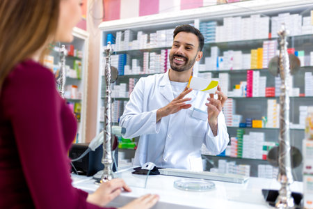 Woman choosing medicine with help of young pharmacist in drugstore.の写真素材