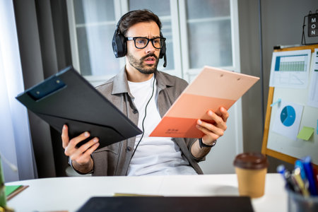 young man wearing headphones sitting while holding two clipboards, deciding which project to work onの写真素材