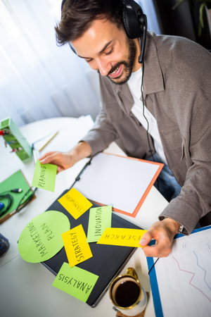 Man selecting marketing plan cards with key terms.