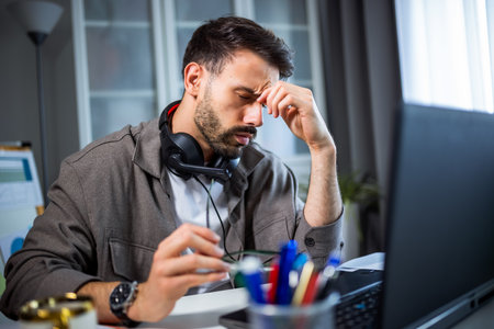 A tired young man working on his laptop at home, with headphones resting around his neck.の写真素材